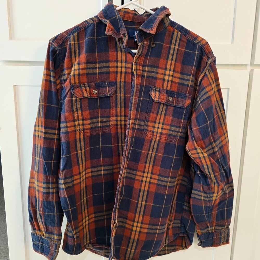 Men's George Shirt Size Large 42-44 Plaid Blue Red Cotton Flannel Long Sleeve